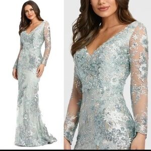 Mac Duggal V Neck Illusion Long Sleeve Embellished Evening Gown Seamist Size 20